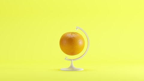 Orange fruit turn around Mimicry minimal idea concept on yellow background. 3D Animation