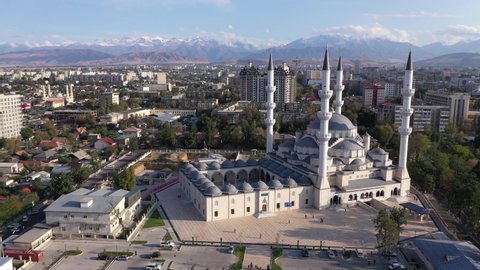 Bishkek, Kyrgyzstan - August 17, 2019: Aerial view of the new  Central Mosque of Imam Sarakhsi in Bishkek, Kysgyzstan capital
