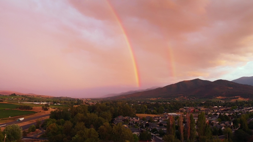 Aerial view of a rainbow in Southern Oregon