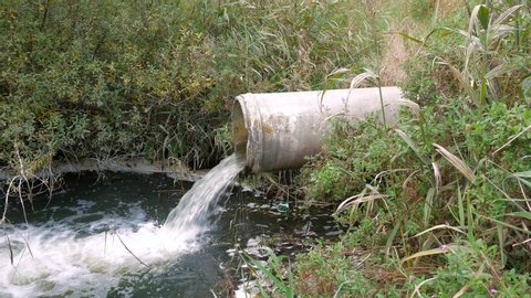 Concrete pipe transporting the polluted water in to a small pond, camera movement from right to left.