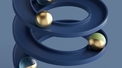 seamless minimal animation, golden balls rolling down the blue spiral, simple geometric shapes. Repeating movement. Looped background, live image, modern animated poster. Endless motion design.