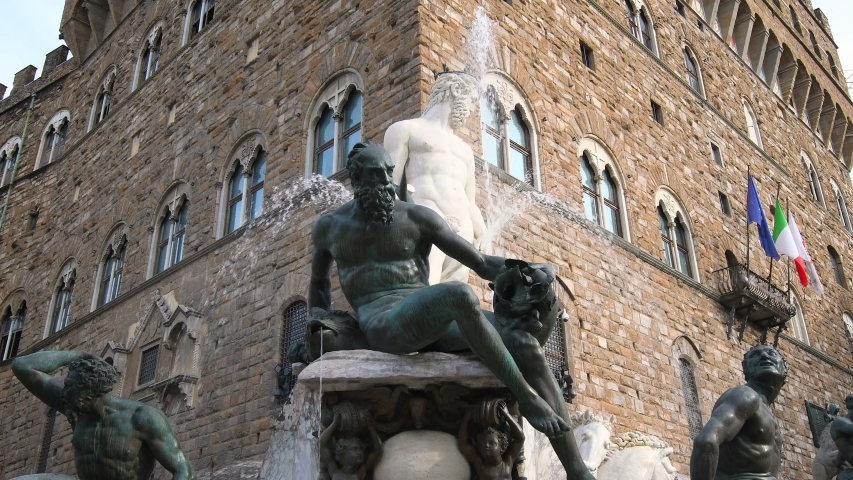 The Fountain of Neptune (Italian: Fontana del Nettuno) is a fountain in Florence, Italy, situated on the Piazza della Signoria (Signoria square), in front of the Palazzo Vecchio. 4K UHD Video.