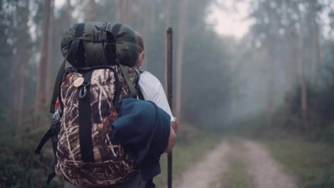Way of Saint James pilgrim backpacker female going by the path through Eucalyptus forest  back view slow motion footage.