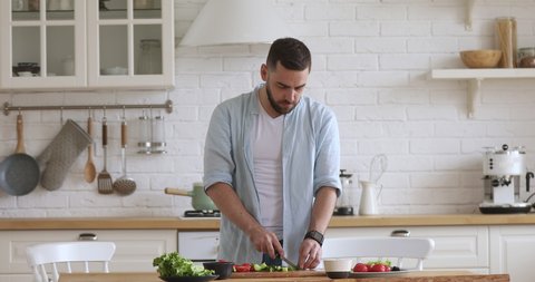 Young fit happy vegetarian man preparing healthy vegan food alone at home, smiling millennial single guy cooking dinner fitness meal cutting fresh vegetable salad standing in modern kitchen interior