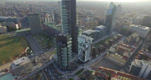 Aerial video shooting with drone on Milan Skyline, the central business area of the city with new skyscrapers