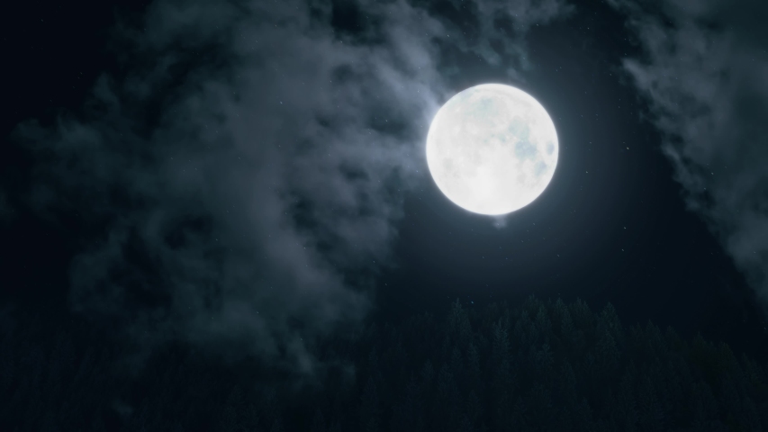 Big Blue Full Moon Rising In The Dark Sky. Halloween. Moon on a dark night with clouds moving over it close-up | Shutterstock HD Video #1037343275