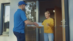 Beautiful Young Smiling Woman Opens Doors of Her House and Meets Pizza Delivery Man who Gives Her Cardboard Boxes Full of Tasty Steamy Pizza. - Powered by Shutterstock - Get 15% off with code: PIKWIZARD15