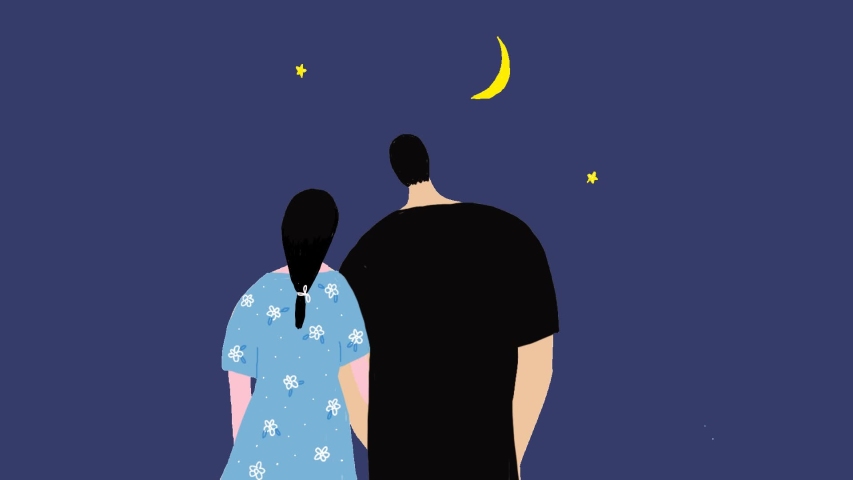 Romantic night couple watching moon and star in blue sky .Hand draw animation.