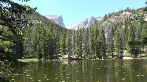 Beautiful mountain landscape with pond lilies floating on the lake. Nymph Lake, Rocky Mountains National Park, Colorado, USA. 4K footage
