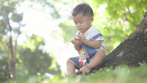 Toddler asian kid playing in green city park under tree enjoy nature
