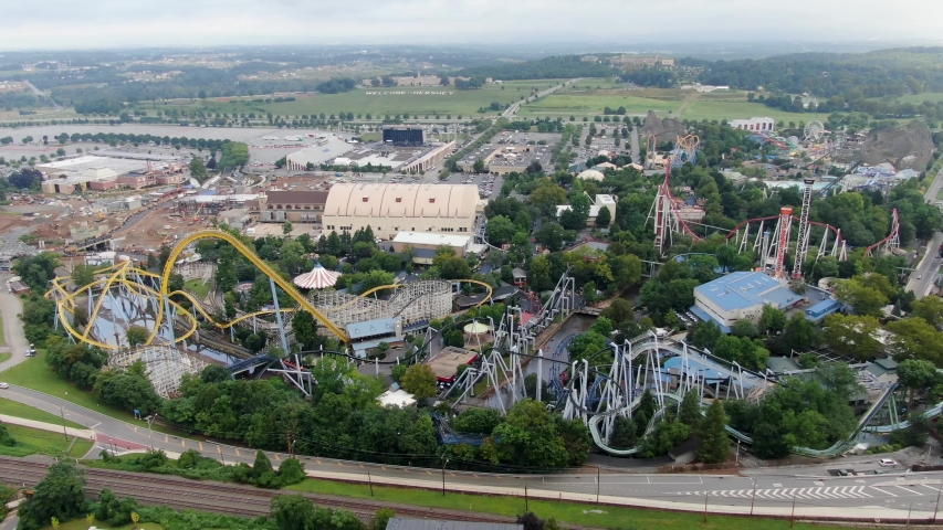 Aerial trucking shot of Hershey Pennsylvania skyline
