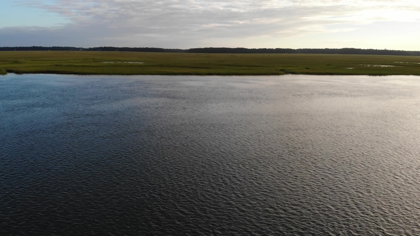 Aerial view, crossing Intracoastal Water way towards estuary vicinity of Edisto, South Carolina