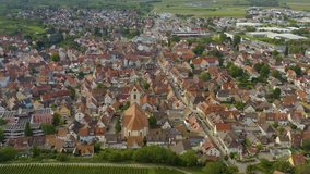 Aerial view of the city Endingen am Kaiserstuhl in germany on a sunny day in summer. Descending beside the old town.