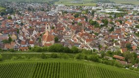 Aerial view of the city Endingen am Kaiserstuhl in germany on a sunny day in summer. High ascend beside the town.