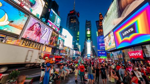 Times Square New York City Night Timelapse. High dynamic range 4K super fine timelapse by raw photo files. Crazy busy people, traffic and LED walls of advertisements. 
New York, USA. 