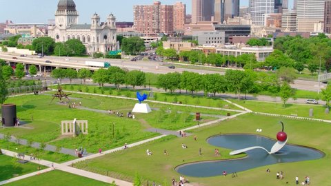 Minneapolis, Minnesota / USA - June 7, 2019: Tourists in Cherry Sculpture Park, Minneapolis Aerial Drone