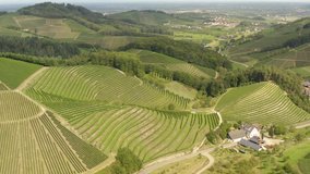 Aerial view of vineyards around Durbach in Germany on a sunny day in Germany close to the black forest. Round pan to the right across some fields and hills.
