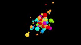 Chaotic movement of the multicolored balls particles - abstract looped background. The multicolored balls like atoms oscillate in the cloud. Option with black background and alpha channel.