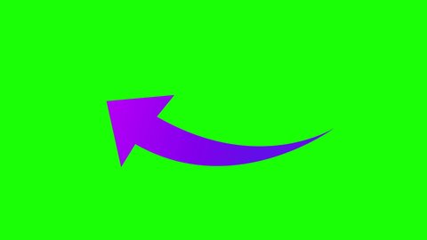 Modern arrow violet logo icon on green screen, pointing left. Flat style abstract curved arrow. Chroma key background animation. Direction signal mark. Reply, return, exit or go back symbol.