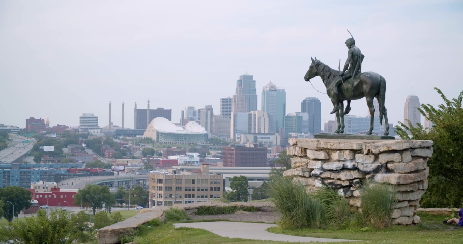 Kansas City, Missouri / USA - June 13, 2019: The Scout Monument in Kansas City, Skyline View, 4K Stock
