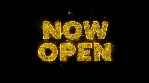 Now Open Text Sparks Glitter Particles on Black Background. Sale, Discount Price, Off Deals, Offer promotion offer percent discount ads 4K Loop Animation.
