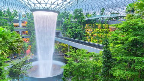 Changi Airport - Singapore - July 14: Time lapse Waterfall at Shopping mall Jewel in Changi Airport connecting to Terminal 1 Arrival and Terminal 2,3 through linked bridges on July 14,2019 Singapore 
