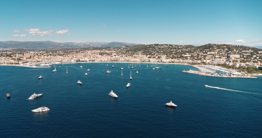 Aerial shot from drone showing Cannes a city located on French Riviera. Host of the Cannes international film festival, shot in 4k. Royalty-Free Stock Footage #1037411990