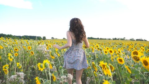 Unrecognizable beautiful girl running on yellow sunflower field. Happy young woman jogging through the meadow during summer day. Freedom leisure concept. Slow motion