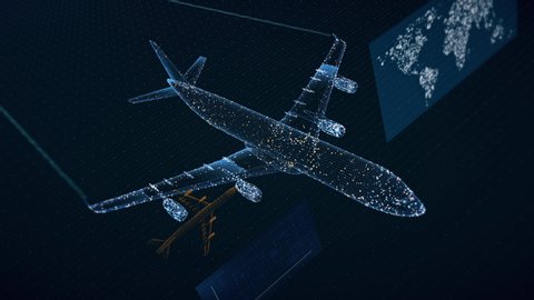 Beautiful 3D concept of airliner flying, showing air traffic growth data. 4K 30fps.