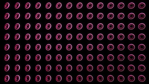 Abstract pattern with rotating circles on black background. Animation. Glowing spinning rings of red and pink color in horizontal symmetrical rows, seamless loop.