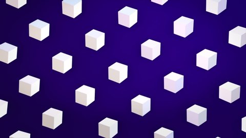 Abstract white cubes flowing diagonally on dark blue background, 3D effect. Animation. White figures looking like sugar, sweet crystal cubes moving in rows, seamless loop.