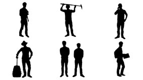 Silhouettes of Men In Different Activities. Set of male silhouettes in different situations. Sound recording, dancing, reading, filming...
