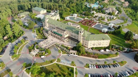 Hershey , Pennsylvania / United States - 08 21 2019: Aerial drone view of Hotel Hershey