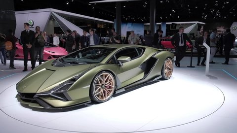 Frankfurt, Germany - 9.10.2019: New Lamborghini Sian world premiere at IAA 2019 in Frankfurt Autoshow