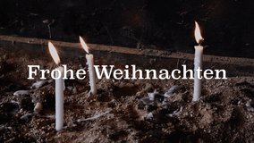 Close up of 3 moving candles with Christmas animation. Magical sparkling particles moving through the screen. Appearing white letters Frohe Weihnachten (German), English translated Merry Christmas. 4K - Powered by Shutterstock - Get 15% off with code: PIKWIZARD15