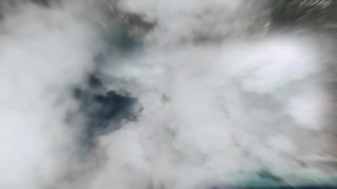 Zoom into the clouds to the world hard. 3d mega zoom out from city downtown to earth in space inverse. Flight over clouds.