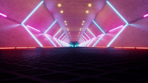 Futuristic tunnel with neon lights 3d realistic seamless footage. Moving inside modern pink empty corridor animation. Room with led bright lamps POV motion effect. Abstract looped video
