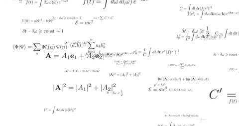 Scientific formula seamless footage. Algebra calculations floating on white background. Physics and geometry theories animation. Maths research and discovery, equations looped video