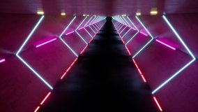 Futuristic tunnel with bright neon lights 3d seamless footage. Back moving effect inside modern pink corridor animation. Empty room with led lamps POV motion. Abstract color looped video