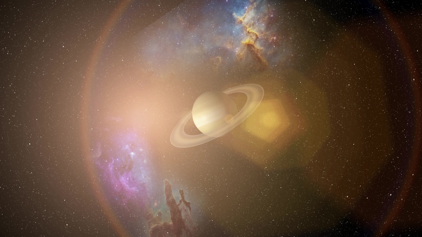 Giant gas planet Saturn and rings CG animation. Realistic 3D rendering of beautiful planet Saturn behind of Nebula 