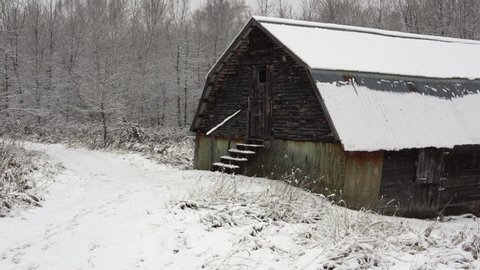 Rustic Snowy Barn in the Woods Panning Left to Right, Establishing Shot in the Abandoned Country