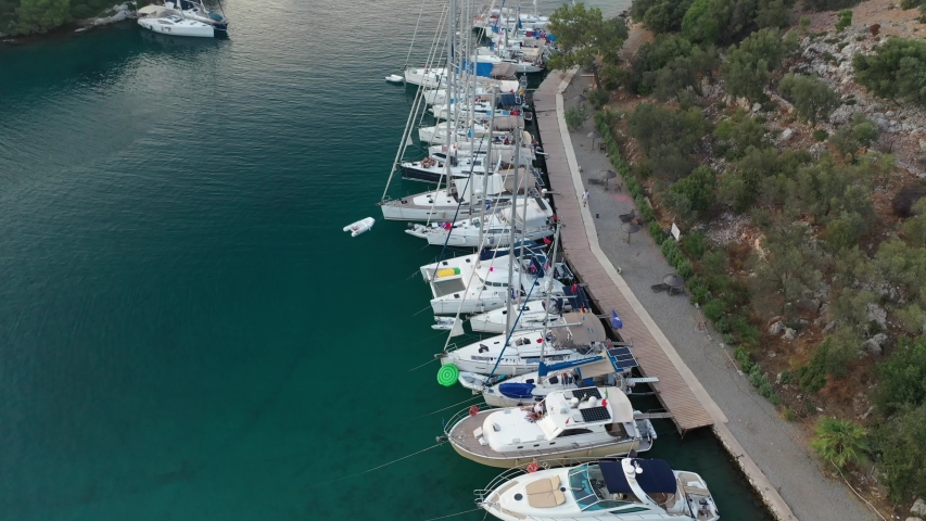 Marina in the mediterranean. Turkey. Video shooting from the air. Moored yachts.