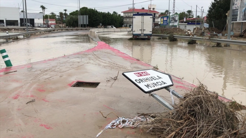 Spain, Alicante, Orihuela. Flooded streets by strong rains