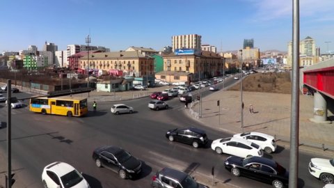 Street traffic in Ulaanbaatar, the capital of Mongolia, circa March 2019