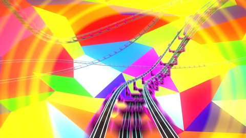 Moving Through the Abstract Space with Flashing Colored Facets on Roller-Coaster Extremely Fast Seamless. Looped 3d Animation of Psychedelic Riding. 4k Ultra HD 3840x2160.