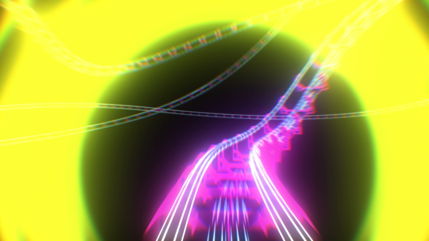 Riding on Roller-Coaster with Neon Lights Extremely Fast Seamless. Looped 3d Animation of Abstract Roller Coaster Attraction in Bright Glowing Colors Curvy Railway. 4k Ultra HD 3840x2160. Royalty-Free Stock Footage #1037490320