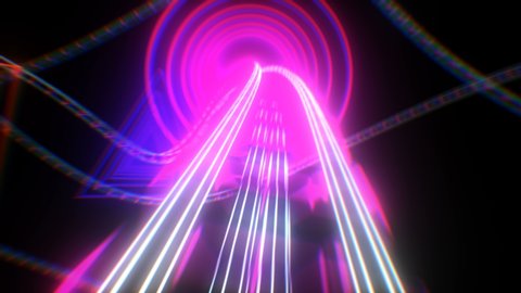 Riding on Roller-Coaster with Neon Lights Extremely Fast Seamless. Looped 3d Animation of Abstract Roller Coaster Attraction in Bright Glowing Colors Curvy Railway. 4k Ultra HD 3840x2160.