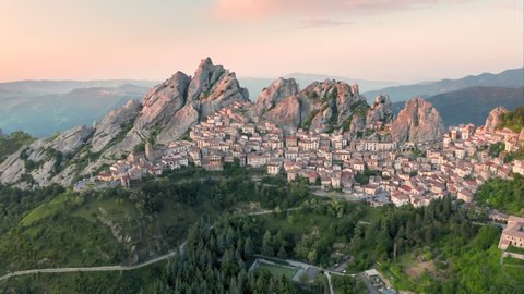 Aerial shot of small cozy mountain town Pietrapertosa located in Dolomiti lucane mountains in Basilicata region in the southern Italy