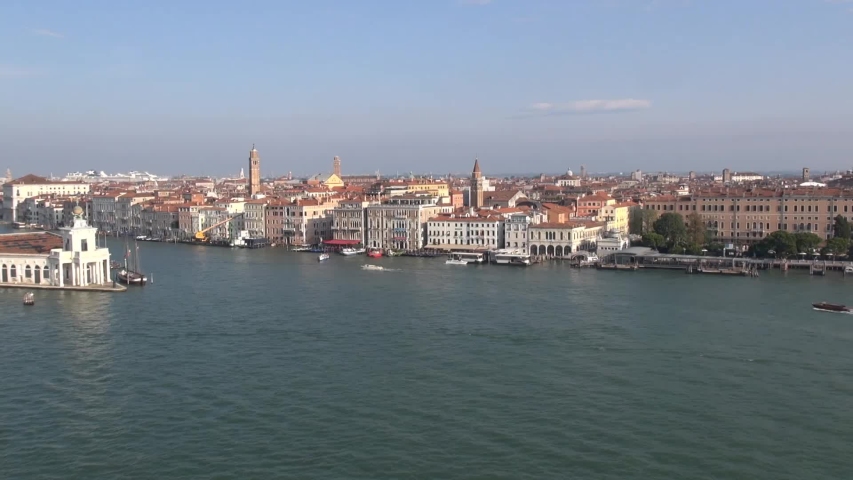 Venice, Italy: waterfront with Grand Canal, Punta della Dogana and Basilica di Santa Maria della Salute (view from a cruise  liner on the Giudecca Canal)