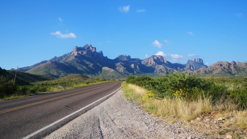 Landscape view of the Chisos Basin during the day in Big Bend National Park (Texas).